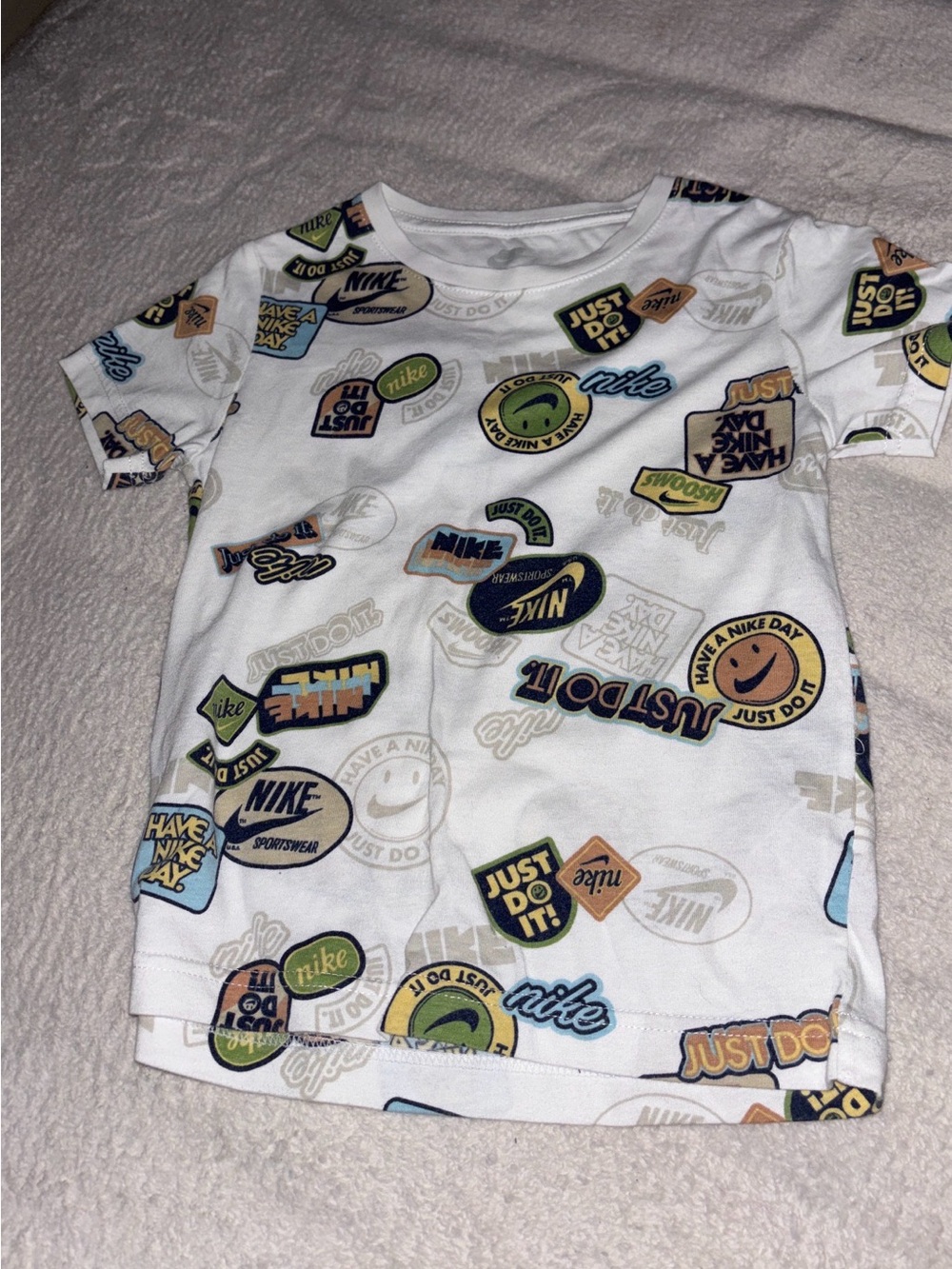Nike White Short Sleeve Tee with Multicolor Logo Patches